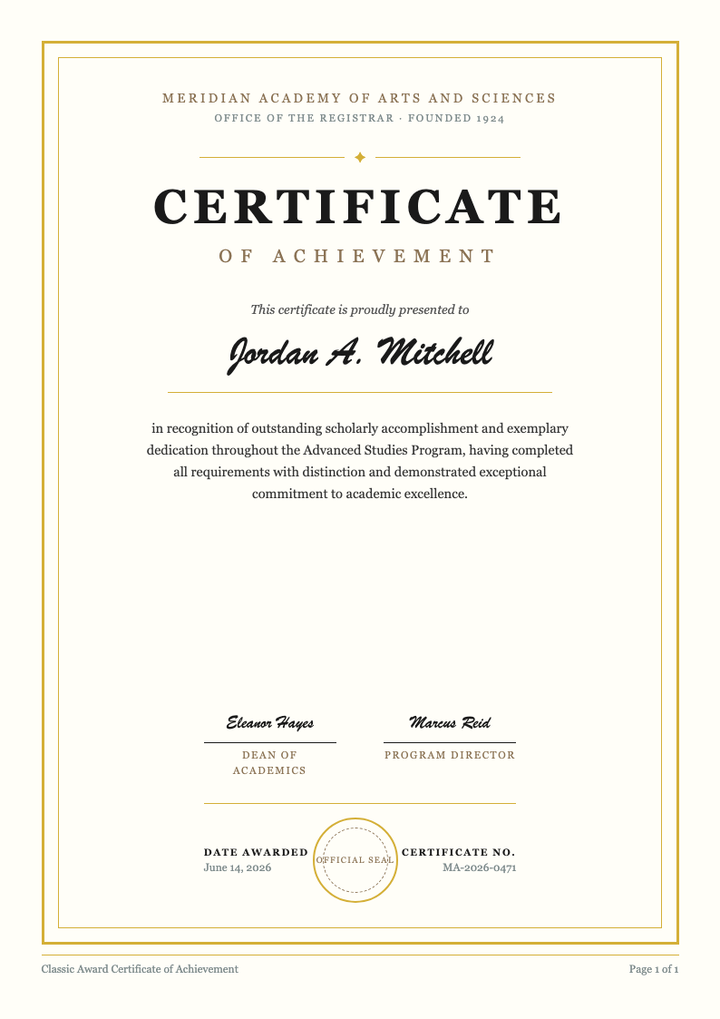 Classic award certificate